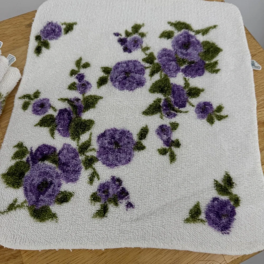 Vintage Cannon Purple Floral Washcloth Set 3pc White Cotton Made in USA Retro